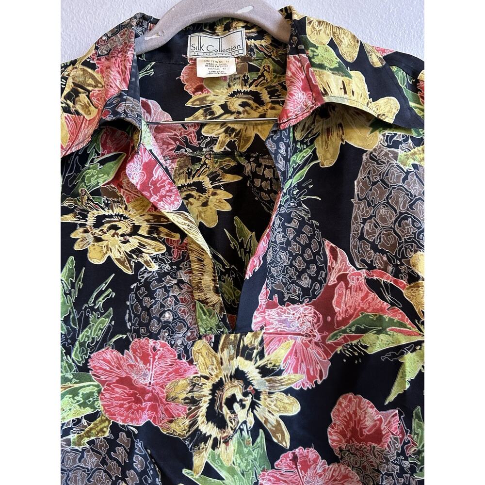 Vintage 100% Silk Blouse L Floral Pineapple Retro Secretary Boho Old Money 1970s